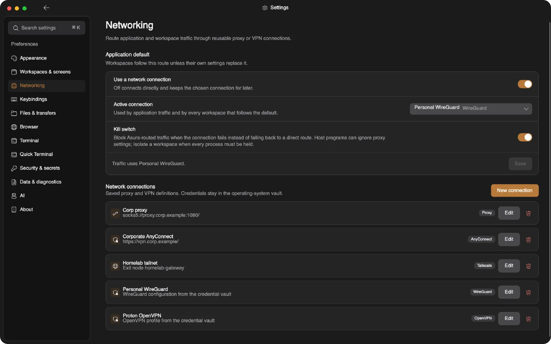 Networking settings: the application default route and a list of saved AnyConnect, proxy, Tailscale, WireGuard, and OpenVPN connections
