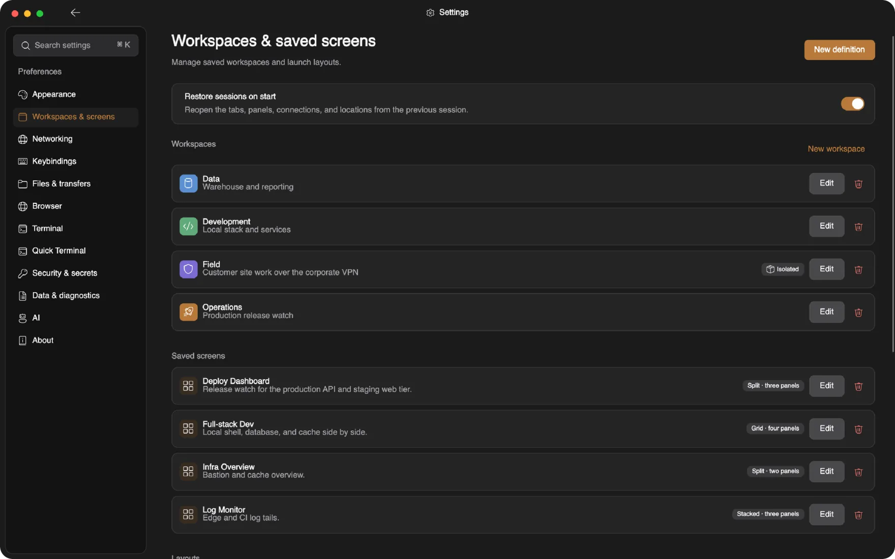 Workspace settings listing separate workspaces with their own connections
