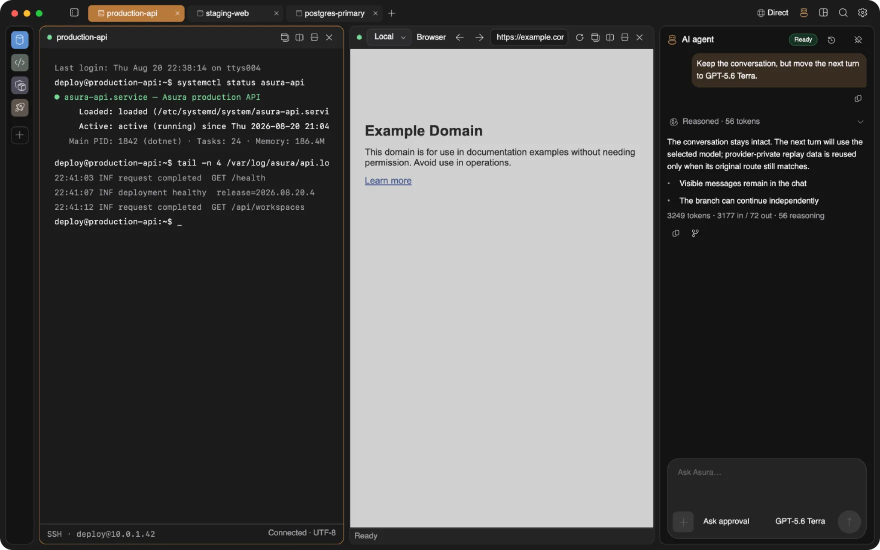 The docked agent streaming its reasoning while a tool call waits for approval