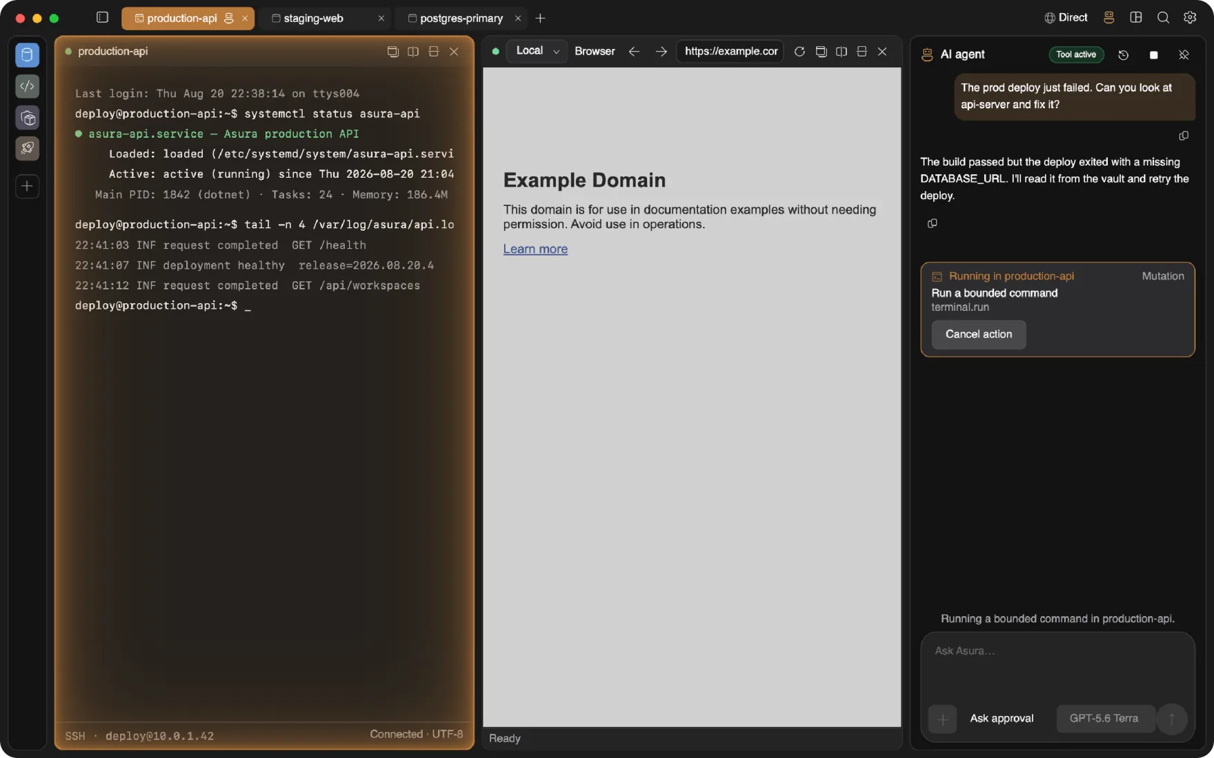Asura workspace: an SSH terminal, a browser panel, and the AI agent fixing a failed deploy