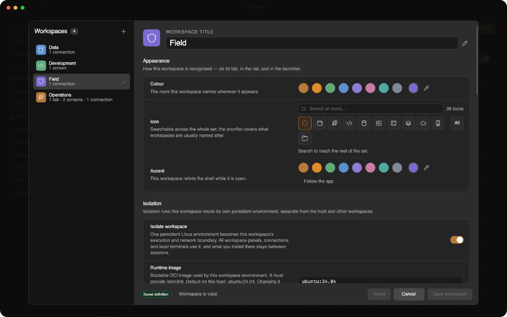 Workspace settings with the Isolate workspace switch and host mount options