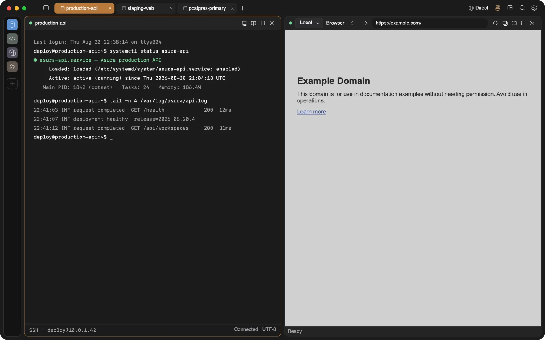 Asura window with an SSH terminal running systemctl next to a browser panel